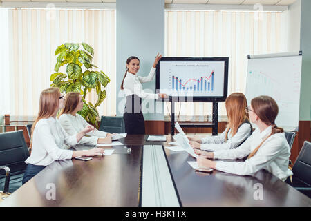 Asian manager presenting business activity plan to his colleagues Stock Photo