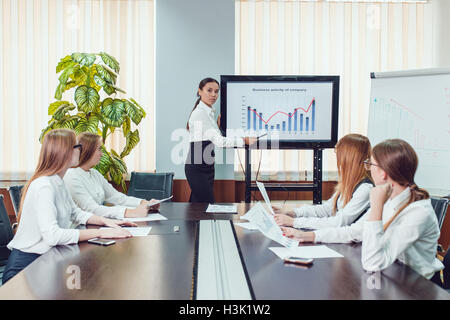 Asian manager presenting business activity plan to his colleagues Stock Photo