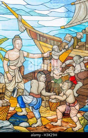 Prachuap Khiri Khan, Thailand: March 31, 2015 - Stained glass image is the story of Mahajanaka at Tangsai Thai Temple In Prachua Stock Photo