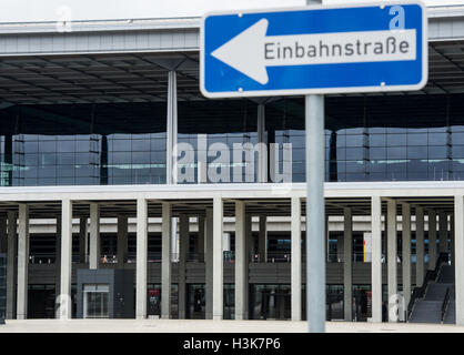 FILE - A file picture dated 07 October 2016 shows a 1-way raod sign at the terminal building of Berlin Brandenburg Airport BER in Schoenefeld, Germany. PHOTO: PATRICK PLEUL/DPA Stock Photo