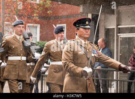 brentwood, Essex, 9th October 2016, s 124 Transport Squadron march in Freedom of Entry ceremony in Brentwood, Essex with heavy rain Credit:  Ian Davidson/Alamy Live News Stock Photo