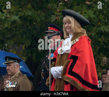 brentwood, Essex, 9th October 2016, Mayor of Brentwood, Councillor Noelle Hones, inspects 124 Transport Squadron in Freedom of Entry ceremony in Brentwood, Essex with heavy rain Credit:  Ian Davidson/Alamy Live News Stock Photo