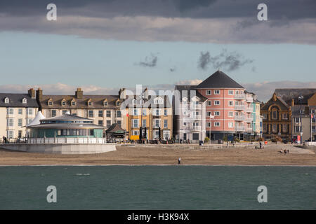 A view of Aberystwyth seafront properties and bandstand as seen from Cardigan Bay Stock Photo