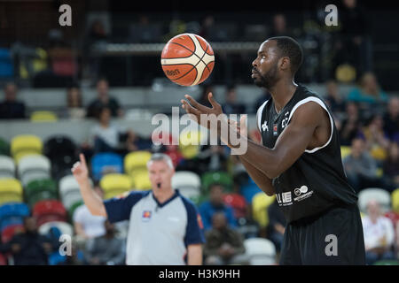 London, UK, 9 October 2016. London Lions beat Plymouth Raiders 105 vs 79 in the BBL cup game. London Lion's Rashad Hassan (22) about to take the free shot. Credit: pmgimaging/Alamy Live News Stock Photo