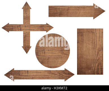 Set of old weathered wooden roud sign, arrow, chopping board isolated on white background Stock Photo