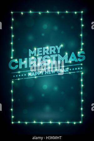 Christmas frame with lights and dark bokeh background. Merry Christmas and Happy New Year message on background. Stock Vector