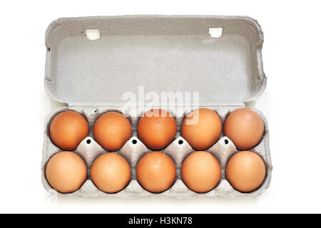 Chicken eggs in pulp egg carton isolated on white background. Top view Stock Photo