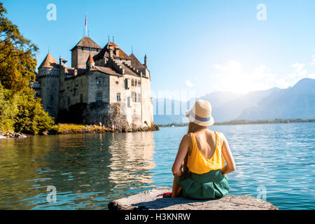 Woman traveling in Switzerland Stock Photo