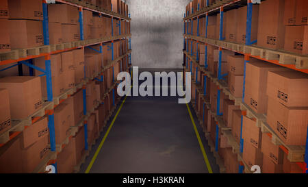 3D render of Warehouse interior with racks and crates Stock Photo - Alamy