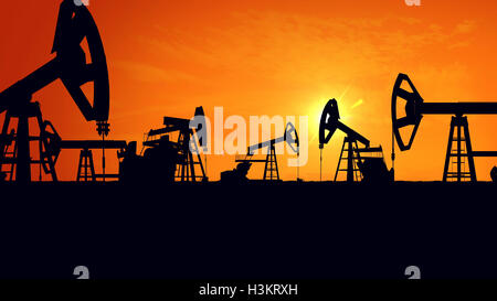 3D rendering of Silhouette pump jacks at sunset. Oil industry. Stock Photo