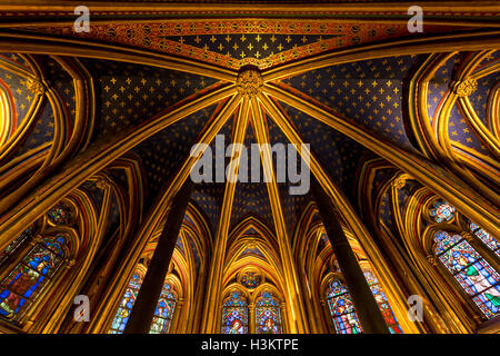 Rayonnant Gothic vaulted ceiling of lower chapel of Sainte Chapelle, Ile de la Cite, Paris, France