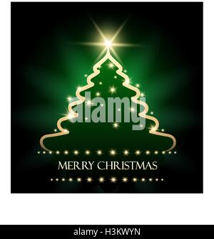 Golden and glossy Christmas pine tree on green background and wording Merry Christmas. Vector illustration. Stock Vector