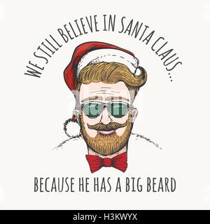 Guy with glasses and a Christmas hat - Hipster Santa Claus with humorous wording. Vector illustration. Stock Vector