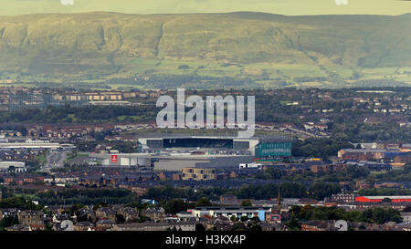 Aerial shot of Glasgow city from the south looking north through the east end showing Celtic park and  the emirates arena Stock Photo