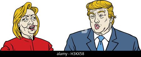 Presidential Candidates Debate, Hillary Clinton Versus Donald Trump Portrait Caricature Cartoon Vector Stock Vector