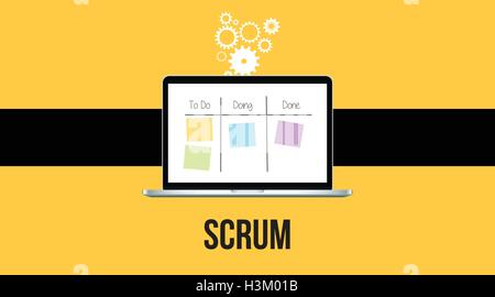 scrum methodology with laptop and sticky notes  yellow background Stock Vector
