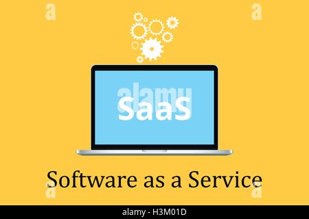 saas software as a service concept with laptop and poster text  gear icon Stock Vector
