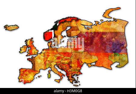 some very old grunge map of norway with flag on map of europe Stock Photo