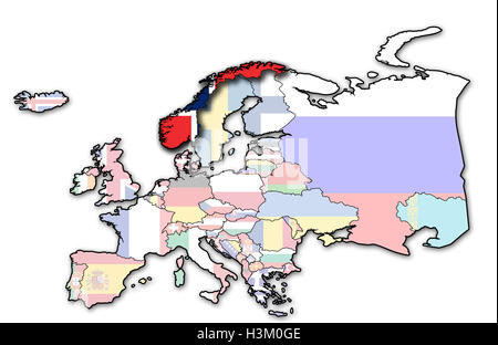 some very old grunge map of norway with flag on map of europe Stock Photo