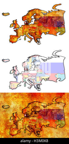 some very old grunge map of denmark with flag on map of europe Stock Photo