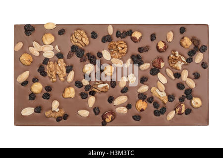 Milk chocolate bar isolated on white with nuts and raisins Stock Photo