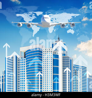 Airplane with background of skyscrapers and arrows Stock Photo - Alamy
