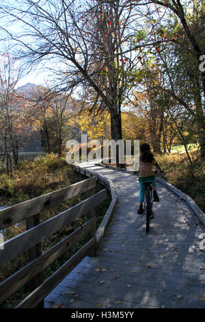 Virginia's Blue Ridge Mountains, USA. Little girl riding bicycle on trail around Abbott lake in autumn. Stock Photo