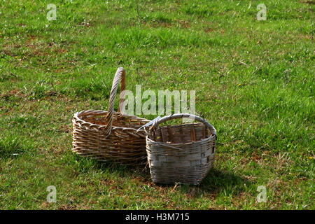 Two empty baskets on lawn Stock Photo