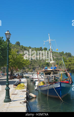 Moored old fishing boat Gaios port Paxos Ionian Islands Greece Stock Photo