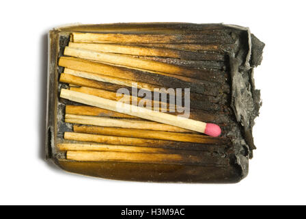 The burned down matches in a paper box. One match the whole. An isolated white background. Stock Photo