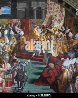 Rome. Italy. Fresco (1516-1517) The Coronation of Charlemagne, Hall of the Fire in the Borgo, Vatican Museums.   Fresco (1516-15 Stock Photo