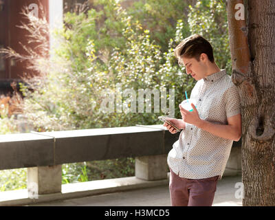 Young man outdoors, leaning against tree, using smart phone, holding takeaway cup Stock Photo