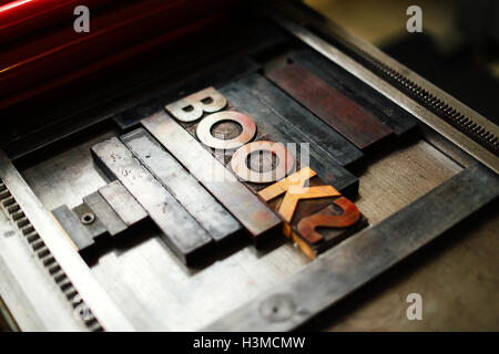 Close-up of wooden letterpress letters in book arts workshop Stock Photo