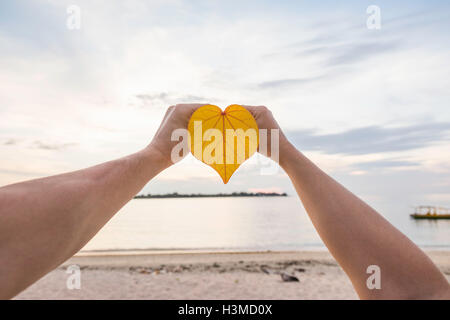 Hands of young woman holding heart shaped leaf on beach, Gili Meno, Lombok, Indonesia Stock Photo