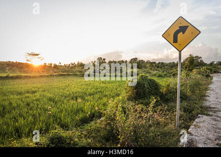 Yellow arrow sign and green field landscape at sunset, Lombok, Indonesia Stock Photo