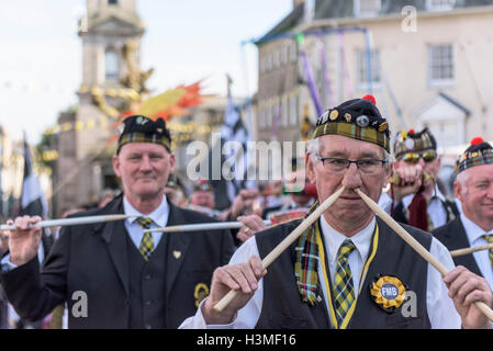 A drummer of the Falmouth Marine Band takes part in the Penryn Festival in Cornwall Stock Photo