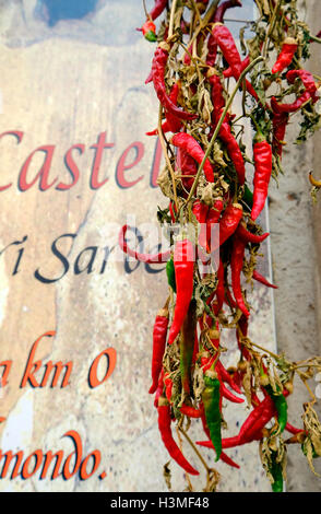 large red hot chilli peppers hanging outside shop, cagliari, sardinia, italy Stock Photo