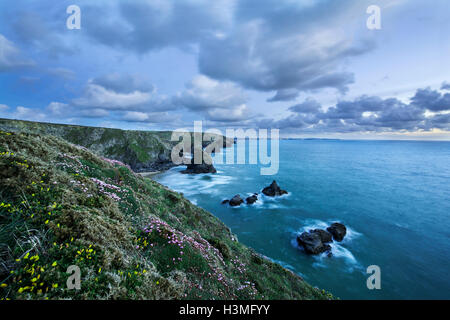 As light fades over Bedruthan Steps, Cornwall. Stock Photo
