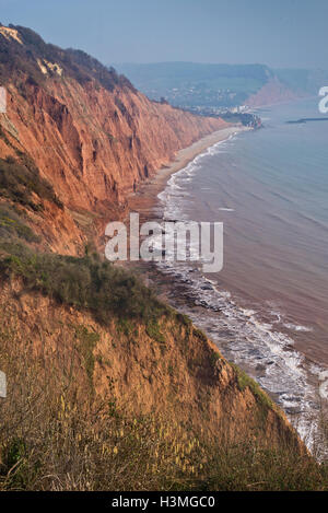 View from Peak Hill looking along the coast to Windgate with Sidmouth just visible through the mist on Devons jurassic coast Stock Photo