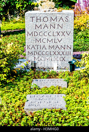 Graves of the Family of Thomas Mann at the Kilchberg Cemetery in Kilchberg near Zuerich, Switzerland; Stock Photo