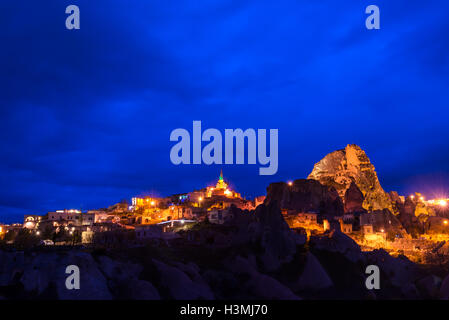 Night view of Uchisar castle in Cappadocia, Turkey. Stock Photo