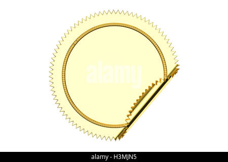 Golden blank circle sticker closeup, 3D rendering isolated on white background Stock Photo