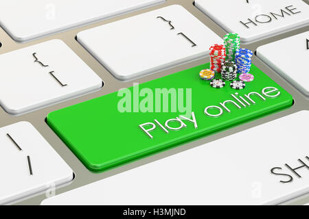 Play online on keyboard button, 3D rendering Stock Photo