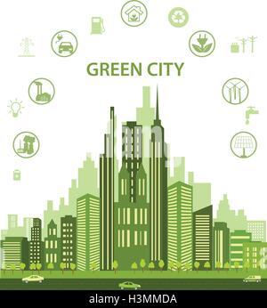 Green city concept with different icons and eco symbols. Modern city design with future technology for living. Stock Vector