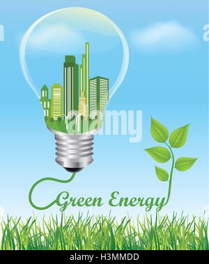 Green Energy Concept. City in electric light bulb connected to a plant, symbol of green energy Environmental friendly energy Stock Vector