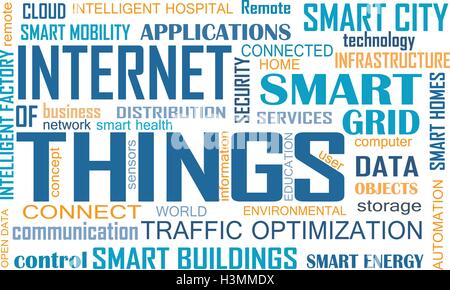 Internet of Things (IOT) word cloud concept. Cloud of relevant words illustrating Internet of Things concept Stock Vector