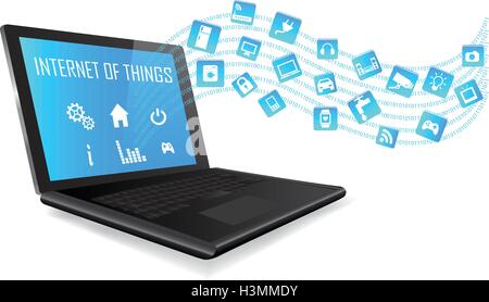 Laptop with Internet of things (IoT) icons connecting together. Internet networking concept. Application coming out from Laptop Stock Vector