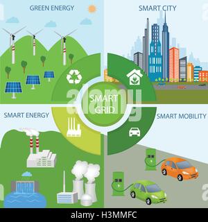 Smart Grid concept Industrial and smart grid devices in a connected network. Renewable Energy and Smart Grid Technology Stock Vector