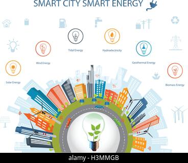 Ecological city concept.Smart city concept and Smart energy with different environmental icons.Smart city concept/ Smart energy Stock Vector