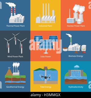 Illustration with different power plant icons:thermal, hydro, nuclear, diesel, solar, eco, wind, geothermal, tidal. Stock Vector